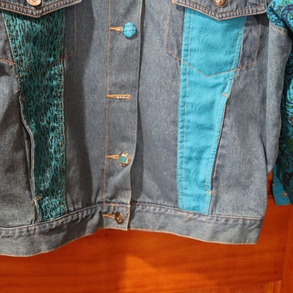 Carole Little Blue Denim Funky Patchwork Jacket & Silk Shirt Set 80s 8 - Picture 14 of 16